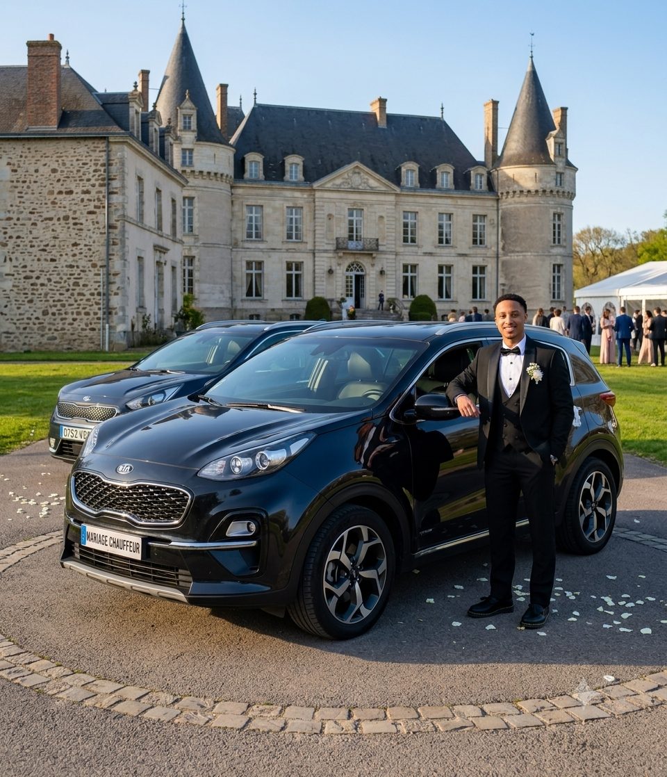 Chauffeur PAPOU GO devant ses véhicules, mariage en Île-de-France